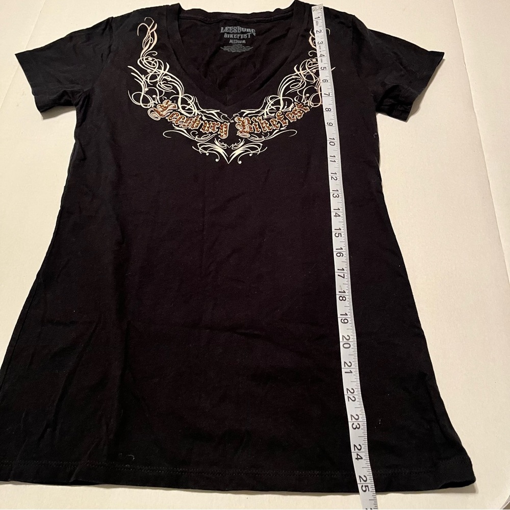Leesburg Bikefest Women Size Medium Black Short Sleeve Shirt Fitted Biker V-neck - Picture 6 of 7